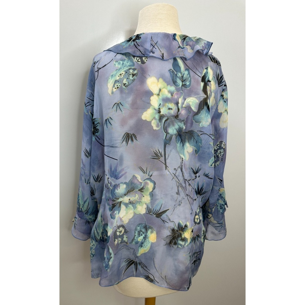 Midnight Velvet 100% Silk Ruffle Wrap Blouse Blue Floral Sheer Top Plus Size 18W - Picture 9 of 13